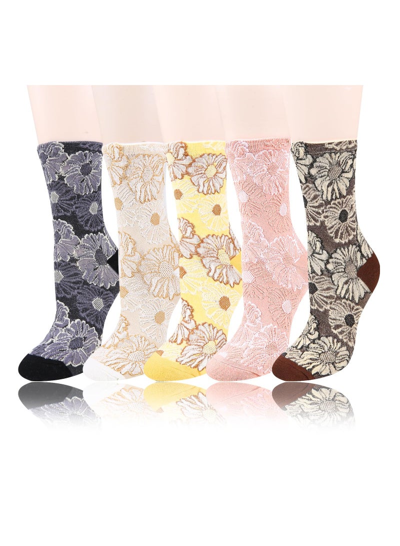 Womens Novelty Funny Crew Socks Girls Colorful Floral Patterned Funky Casual Cotton Retro Sunflower 3D Jacquard Mid Length Personalized Women 5 Pairs - Image 1
